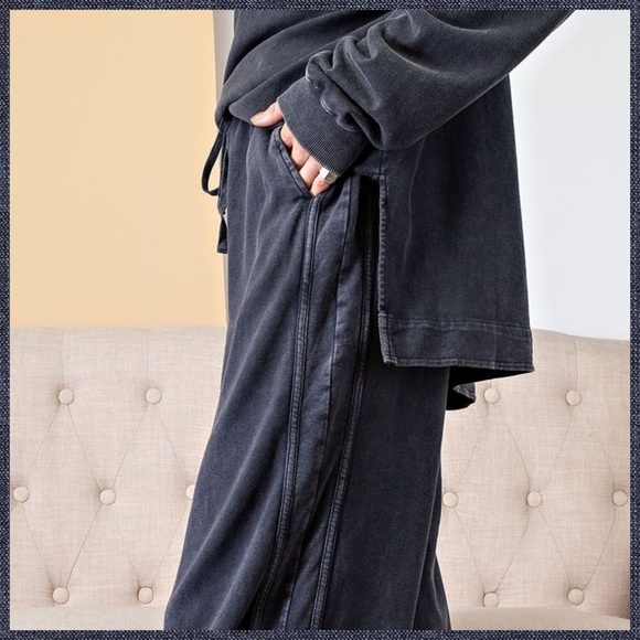 EASEL "So Comfy" Mineral Washed Pants Cotton Terry Side Leg Detail Elastic Waist - Picture 4 of 16